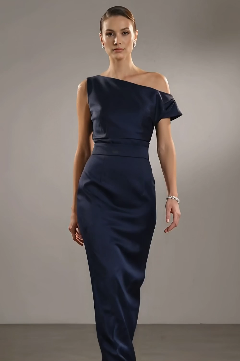 Navy Formal Dress Sheath Asymmetrical Neck Satin Maxi Dress