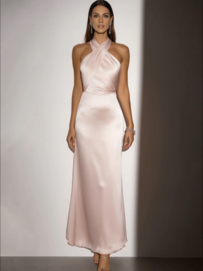 ​Formal​ ​Wedding Guest Dress Satin Pink Halter Neck  Maxi Dress
