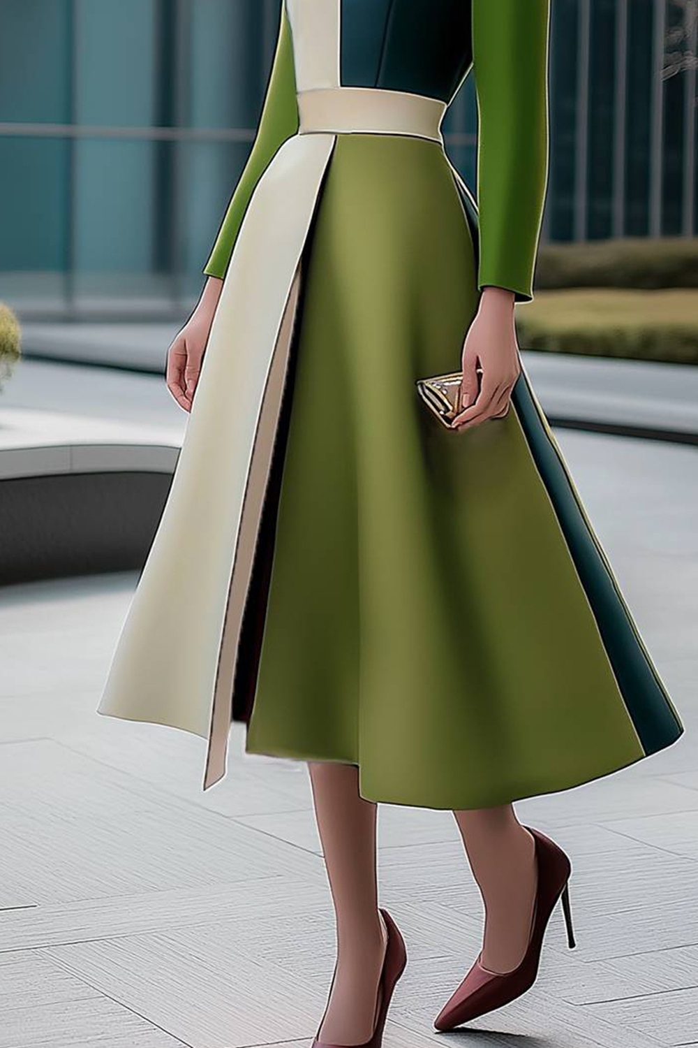 Work Office Green White Color-Block Dress Long Sleeves A-Line Dress