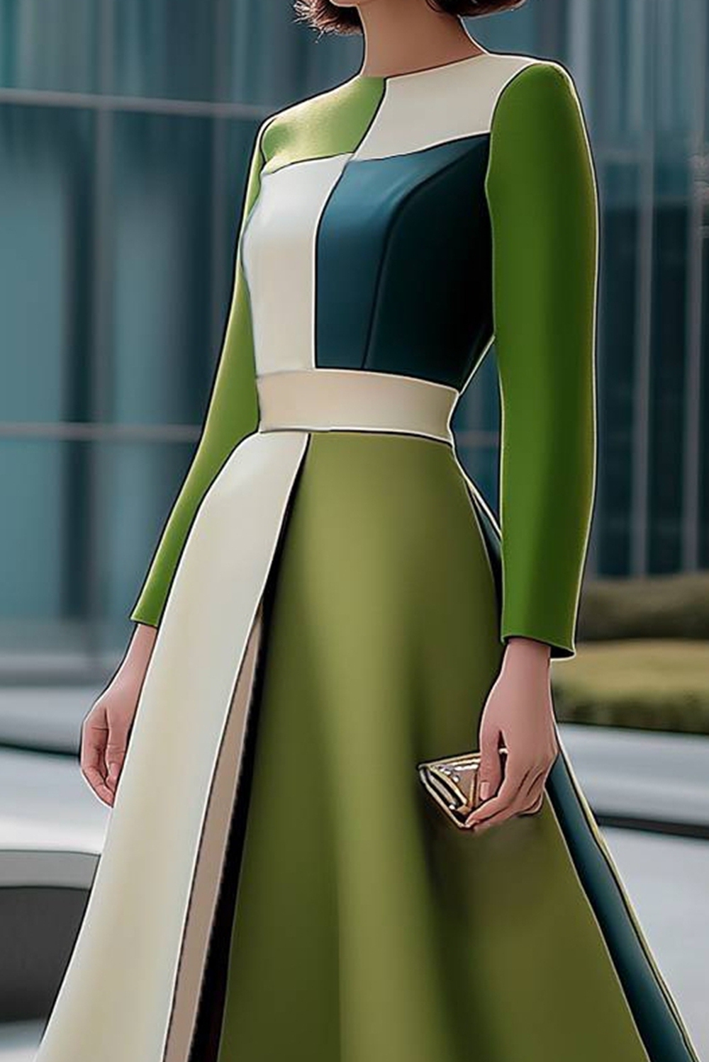 Work Office Green White Color-Block Dress Long Sleeves A-Line Dress