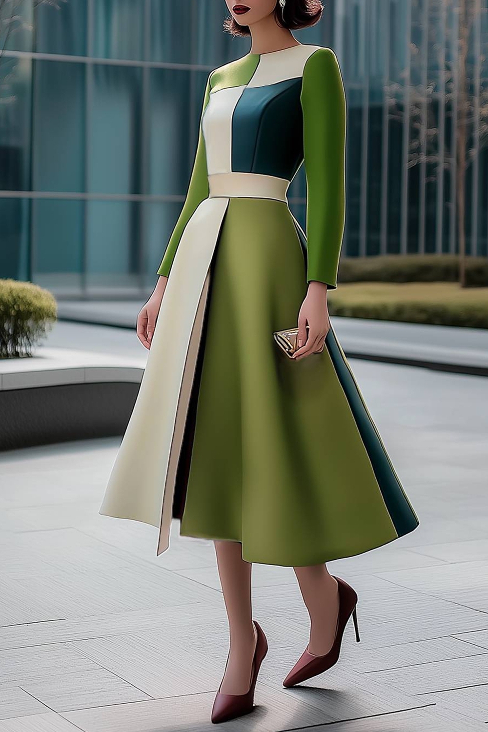 Work Office Green White Color-Block Dress Long Sleeves A-Line Dress