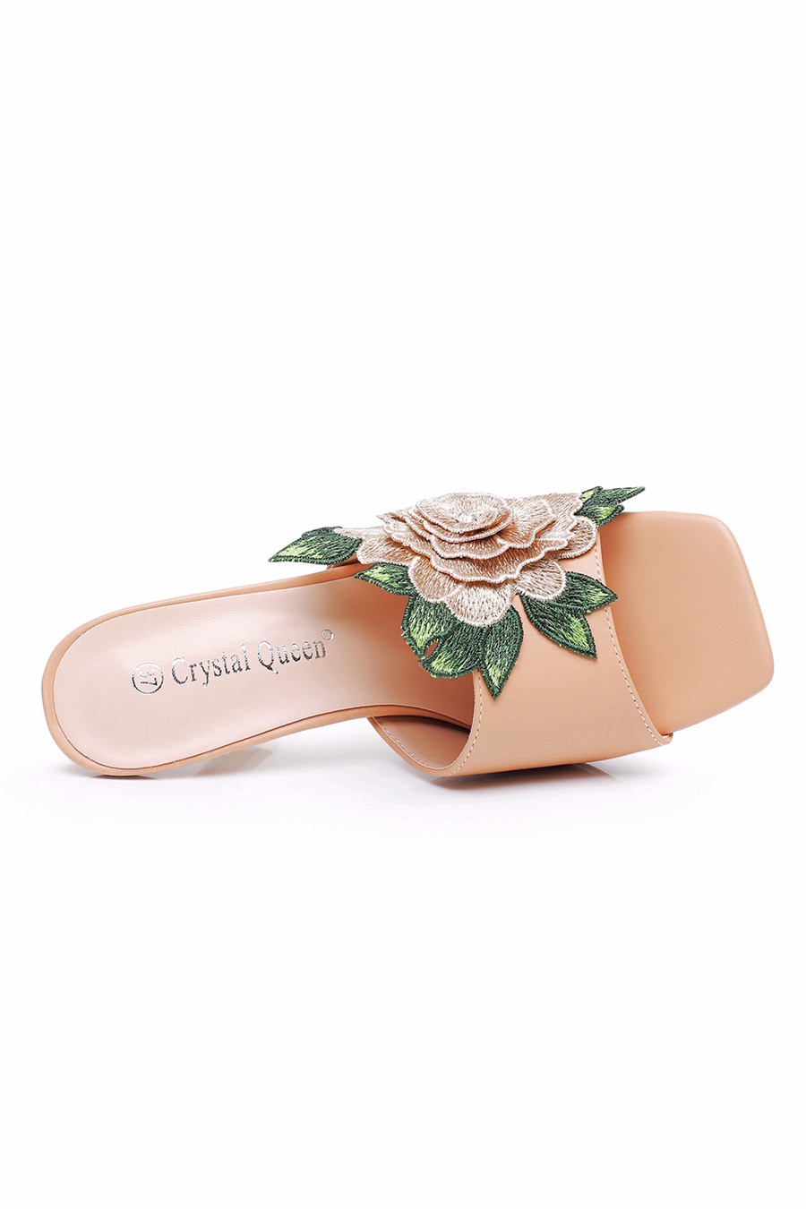 White Square-Toe Mule Heels Rose Flower Leaf Embroidery-chiclody
