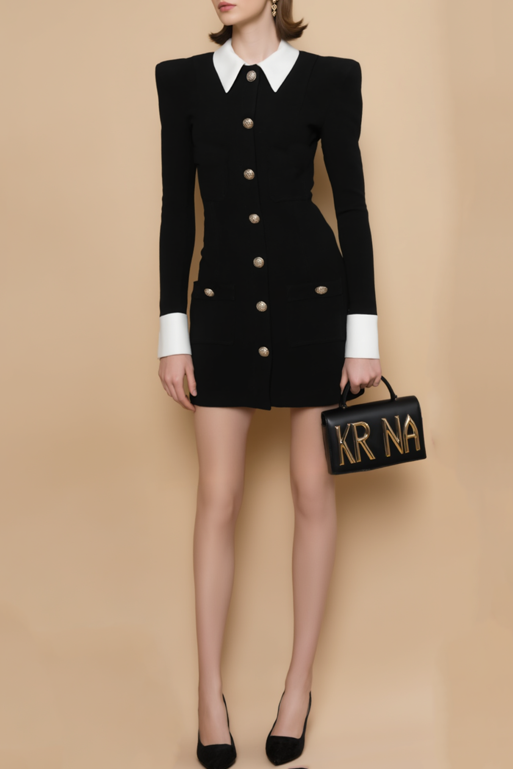 Black white collared sheath work blazer dress mini length