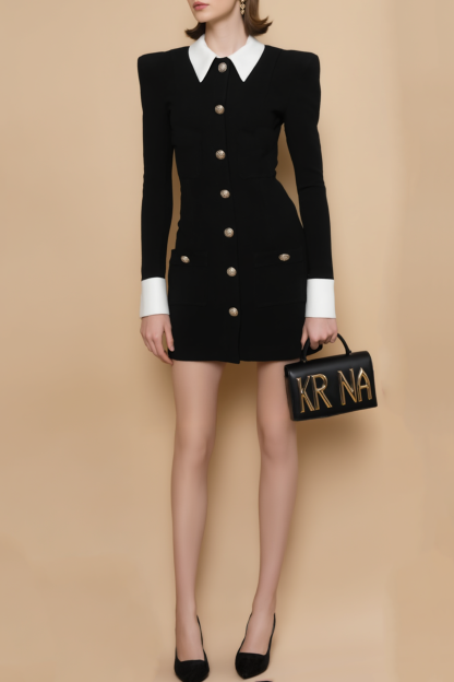 Black white collared sheath work blazer dress mini length