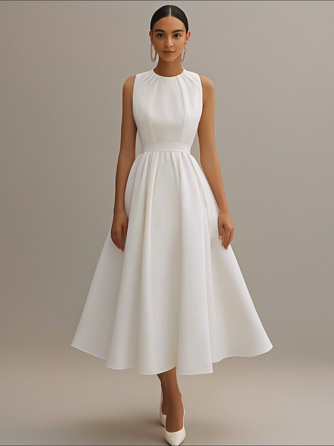 Semi-formal Party Dress White Round Neck Sleeveless A-Line Midi Dress