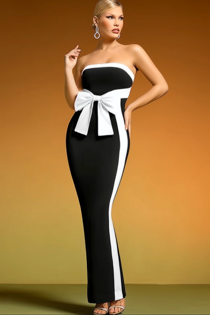 Formal Evening Dress Black White Strapless Bow Maxi Dress
