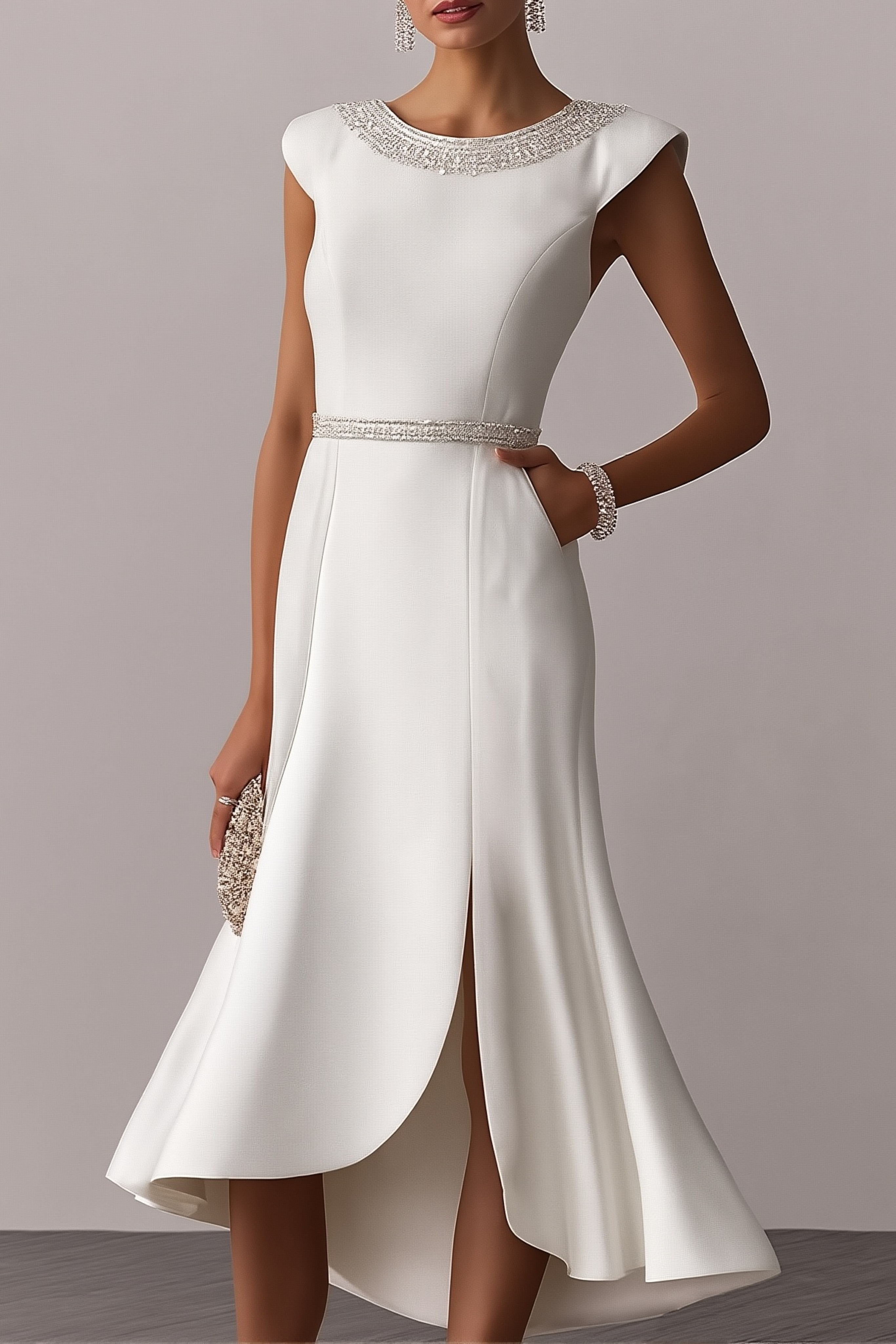 Cocktail Party Dress White Crew Neck Rhinestones Midi Dress