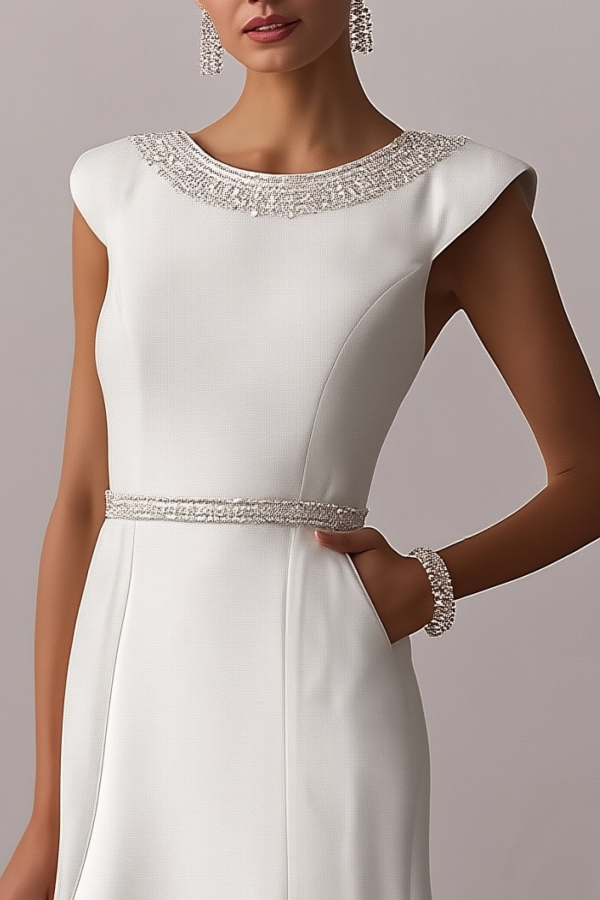 Cocktail Party Dress White Crew Neck Rhinestones Midi Dress