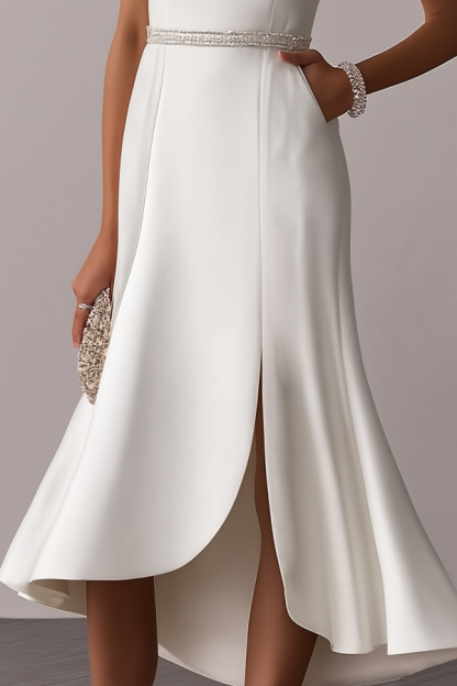 Cocktail Party Dress White Crew Neck Rhinestones Midi Dress