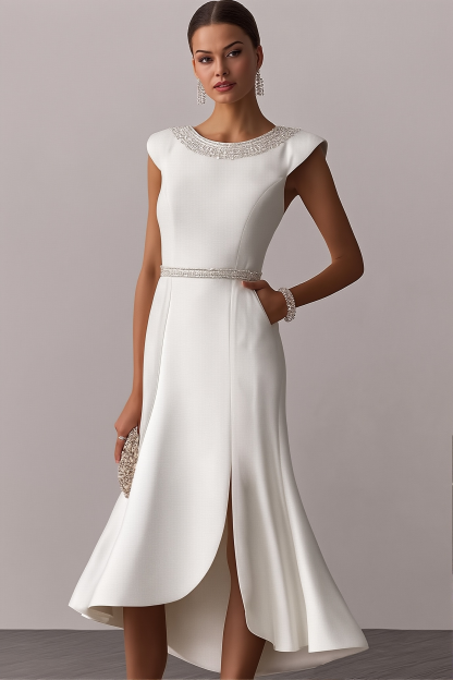 Cocktail Party Dress White Crew Neck Rhinestones Midi Dress