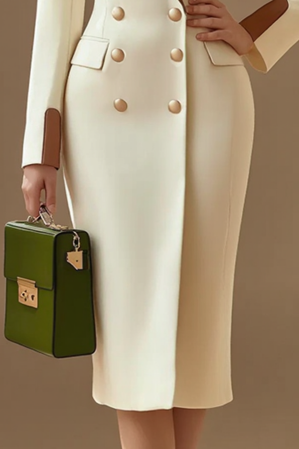 Work Blazer Dress Beige Lapel Midi Long Sleeve Dress