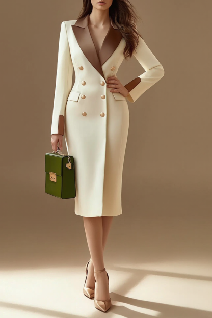 Work Blazer Dress Beige Lapel Midi Long Sleeve Dress