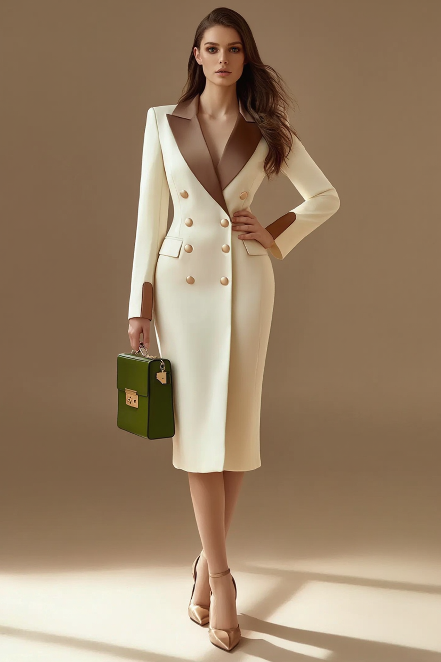 Work Blazer Dress Beige Lapel Midi Long Sleeve Dress