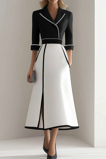 Work Black and White Dress Pearl Sleeves Suit Collar Midi Dress