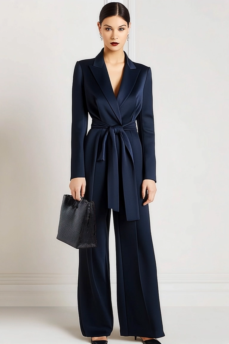 Work Semi-Formal Jumpsuit Navy Blue Collar Long Sleeve Straight Pants