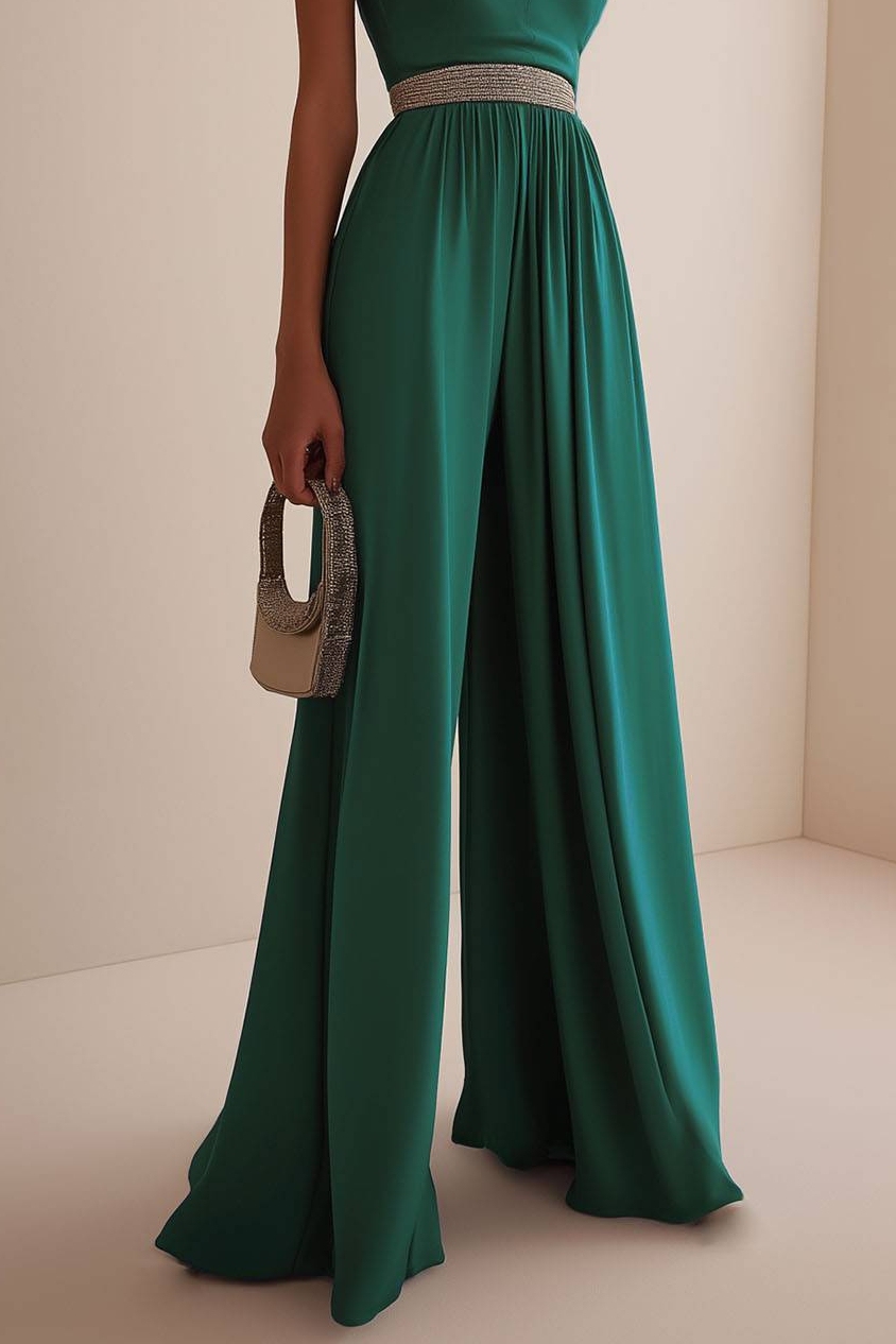 Emerald Green Party Work High-Neck Sleeveless Jumpsuit High-Neck Sleeveless Pants