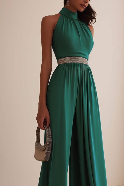 Emerald Green Party Work High-Neck Sleeveless Jumpsuit High-Neck Sleeveless Pants