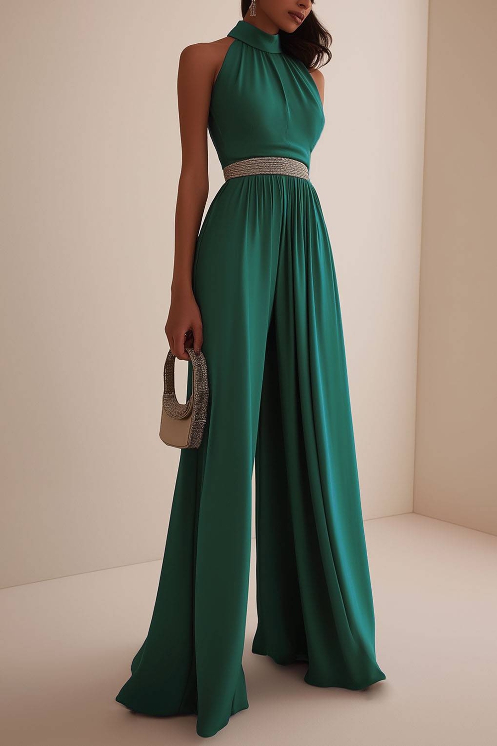 Emerald Green Party Work High-Neck Sleeveless Jumpsuit High-Neck Sleev