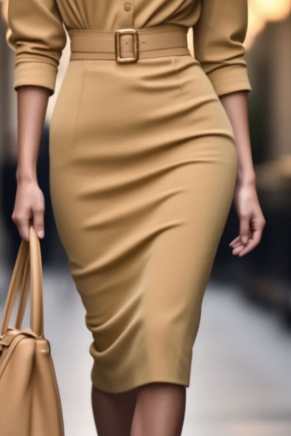 Work Dress Khaki Shirt Collar Belted Half Sleeve Knee-Length Dress