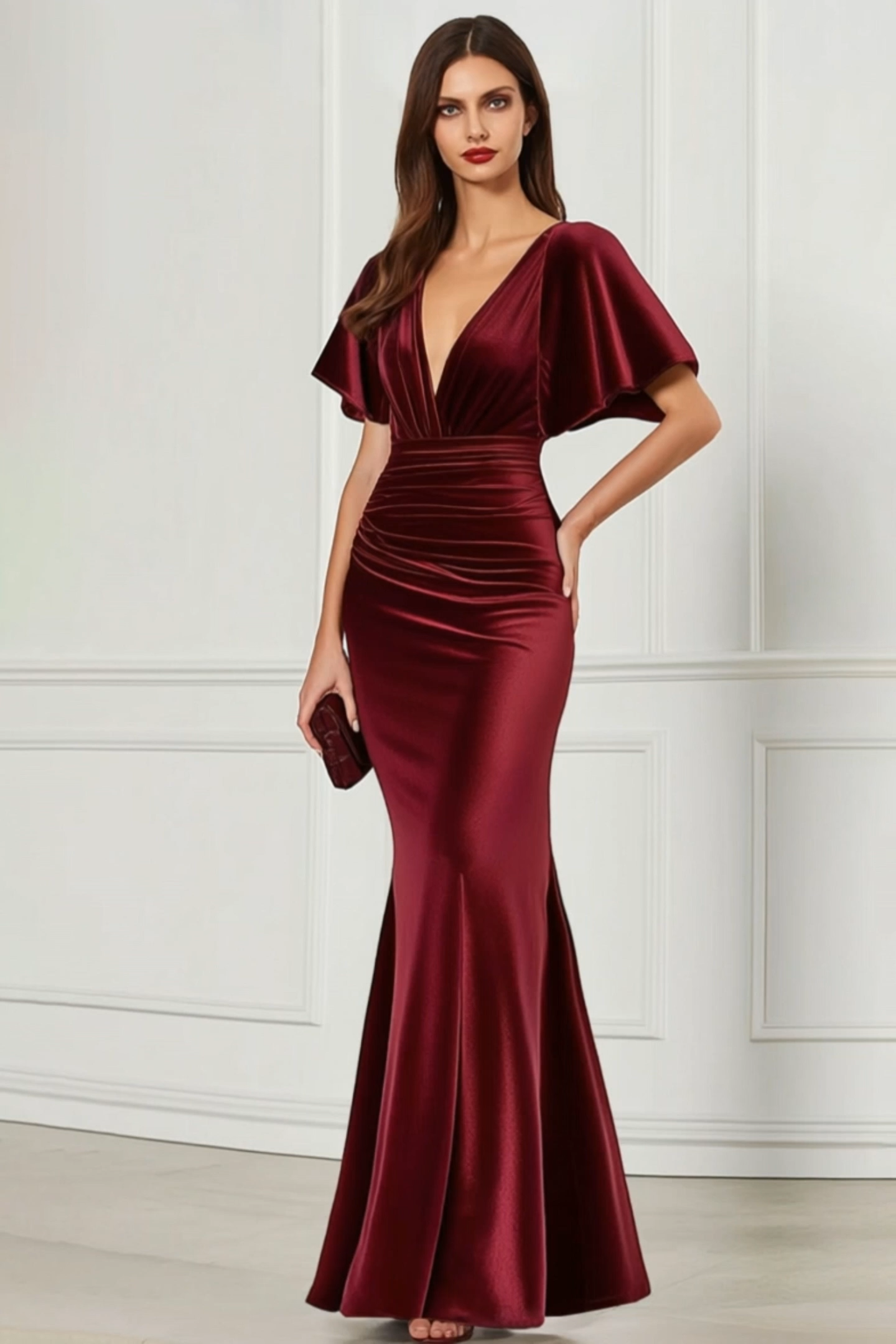 Formal Evening Dress Burgundy V Neck Velvet Maxi Dress