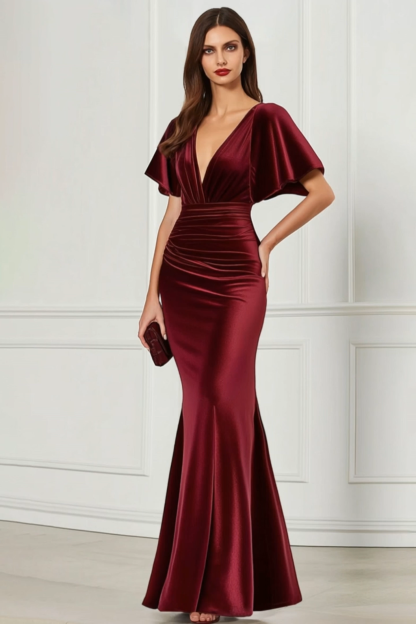 Formal Evening Dress Burgundy V Neck Velvet Maxi Dress