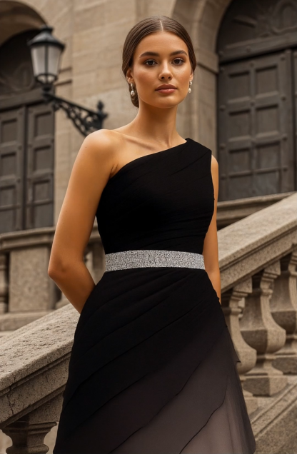 Formal Evening Dress Black One-Shoulder Multi-Layered Silver Belt Maxi Gown