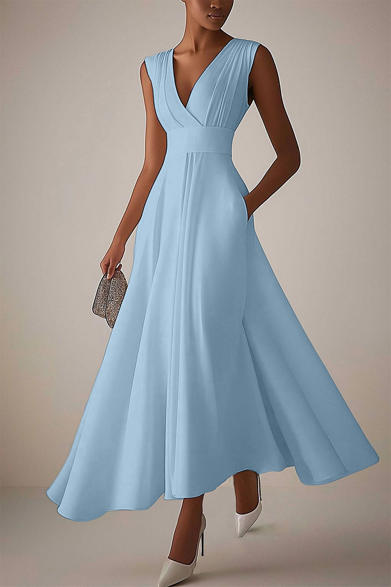 Evening Elegant Dress Sleeveless Deep V Neck Pleated Design Ball Gown Maxi Dress