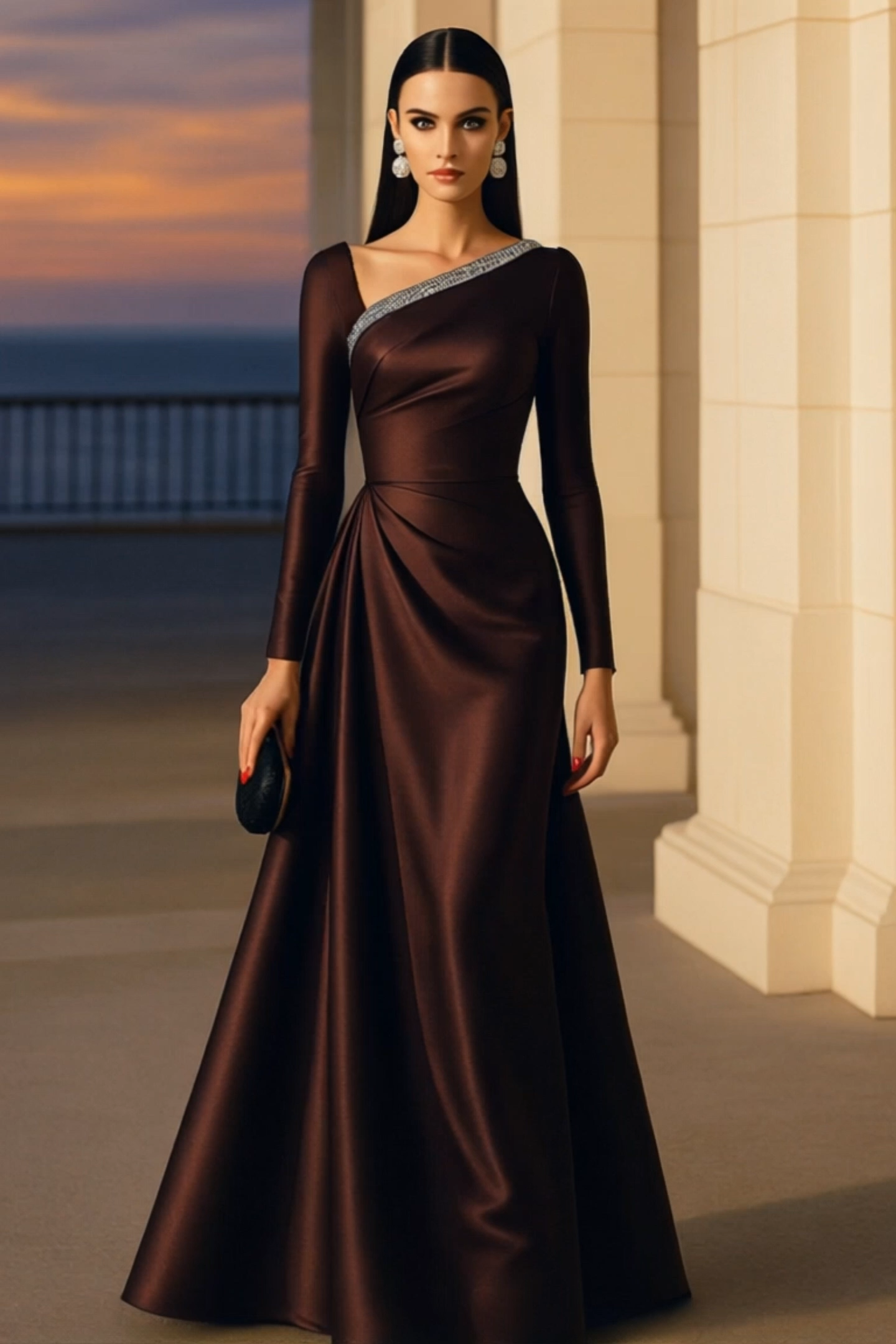 Evening Formal Burgundy Dress Asymmetrical Neck Long Sleeve Maxi Gown