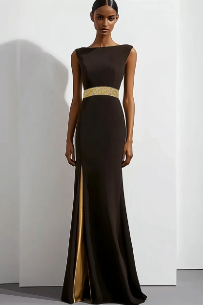 Formal Evening Dress Black Sleeveless Round Neck Floor-Length Dress