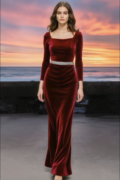 Evening Dress Burgundy Square Neck Velvet Belted Maxi Dress