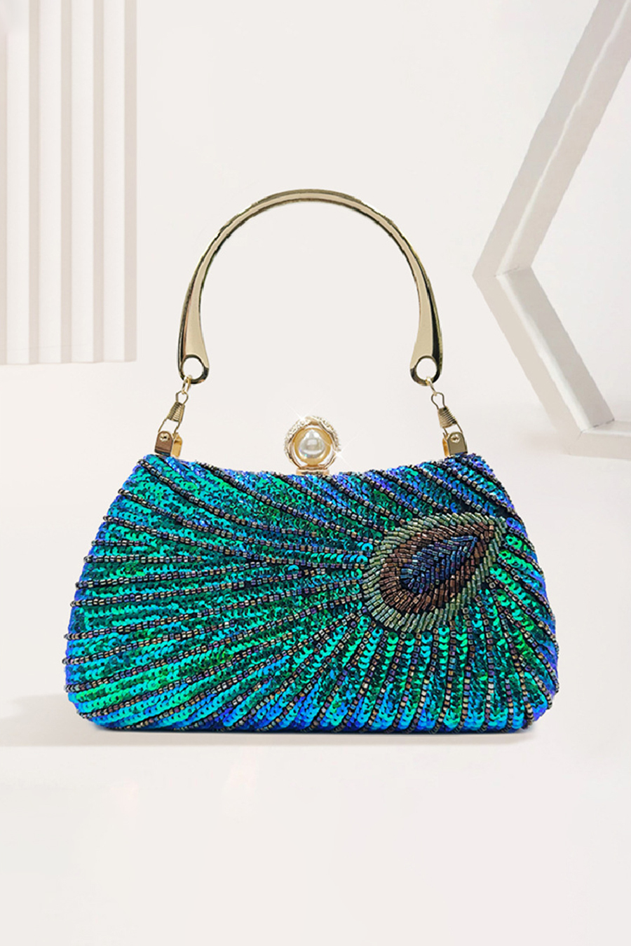 Blue Green Peacock Feather Pattern Beaded Evening Bag