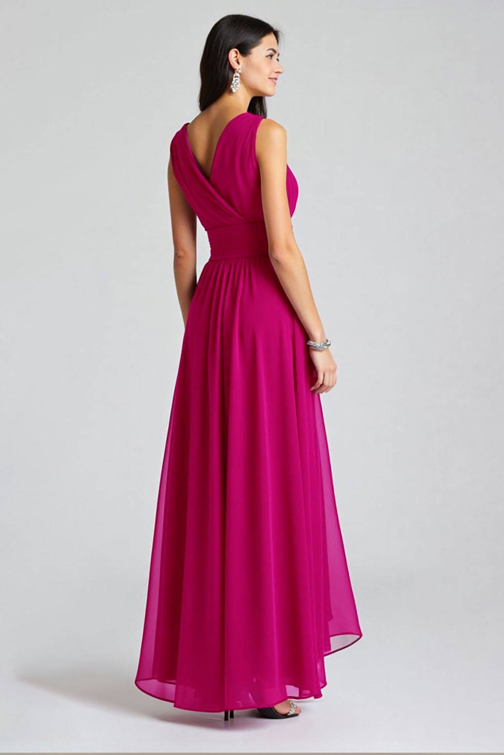 Semi-Formal Party Dress Fuchsia Sleeveless V-Neck Front Slit Chiffon Maxi Dress