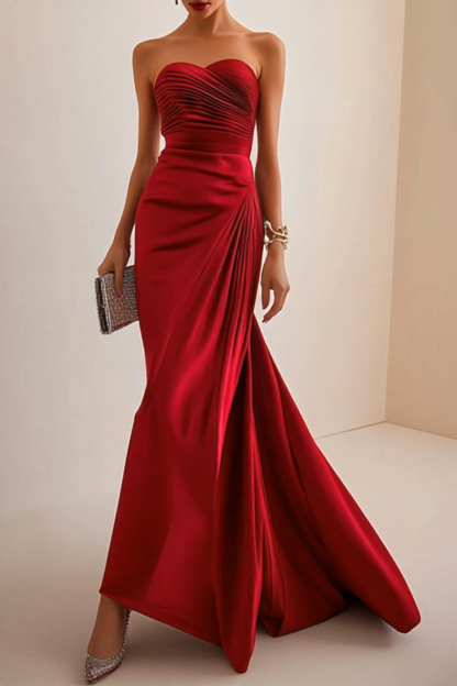 Elegant Formal Red Maxi Prom Dress Strapless Evening Gown