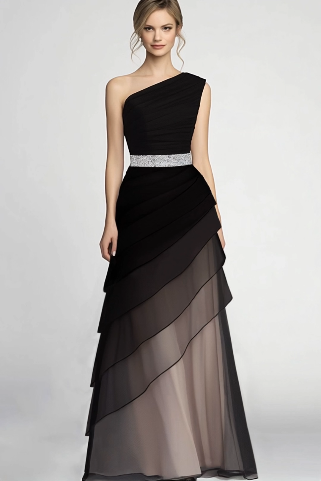 Formal Evening Dress Black One-Shoulder Multi-Layered Silver Belt Maxi Gown