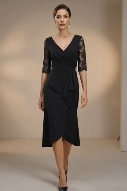 Party Mermaid Dress​​ Black Lace V Neck Midi Dress