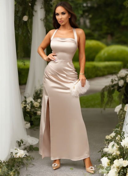 Wedding Guest Dress Champagne Halter Neck Sleeveless Maxi Satin Dress