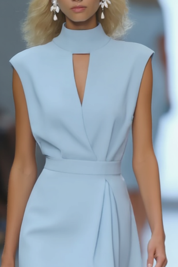 Work Dress​ Blue Sleeveless Stand Collar Knee-Length Dress