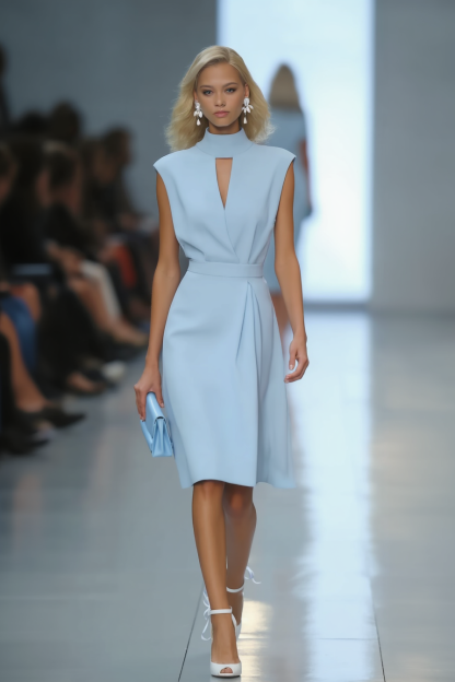 Work Dress​ Blue Sleeveless Stand Collar Knee-Length Dress