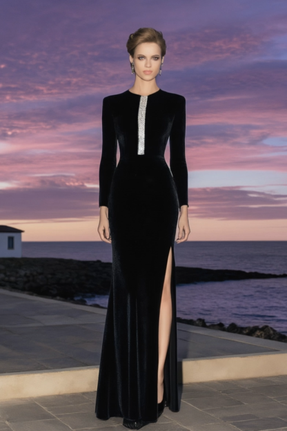 Formal Evening Dress Black Crew Neck Maxi Long Sleeve Dress