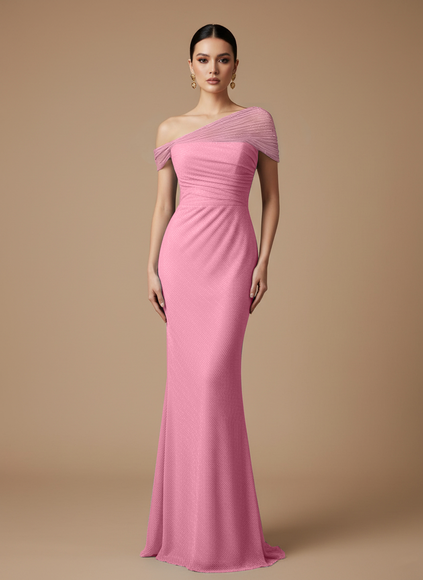 Evening Prom Light Blue Gown One Shoulder Glitter Pleated Maxi Dress