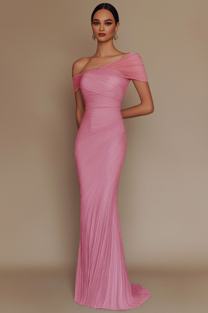 Evening Prom Light Blue Gown One Shoulder Glitter Pleated Maxi Dress