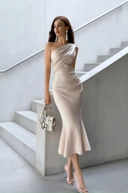 ​Wedding Guest Semi Formal Satin Dress​​ Champagne One Shoulder Trumpet Mermaid Dress