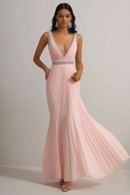 Party Dress Pink Deep V Sleeveless Pleated Maxi Dress