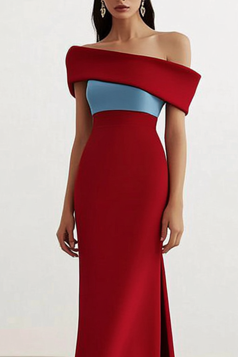 Cocktail Party Red Blue Dress Off Shoulder Maxi Dress