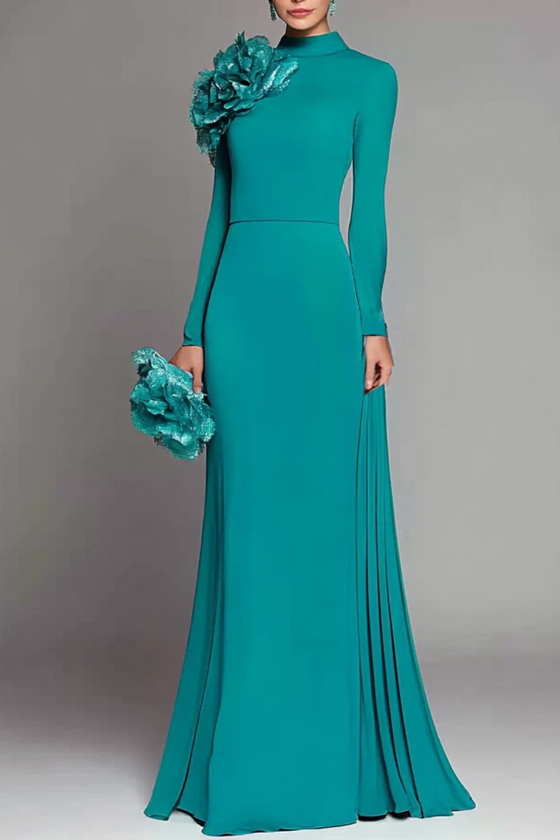 Green Formal Evening 3D Flower Dress Long Sleeve Maxi Dress