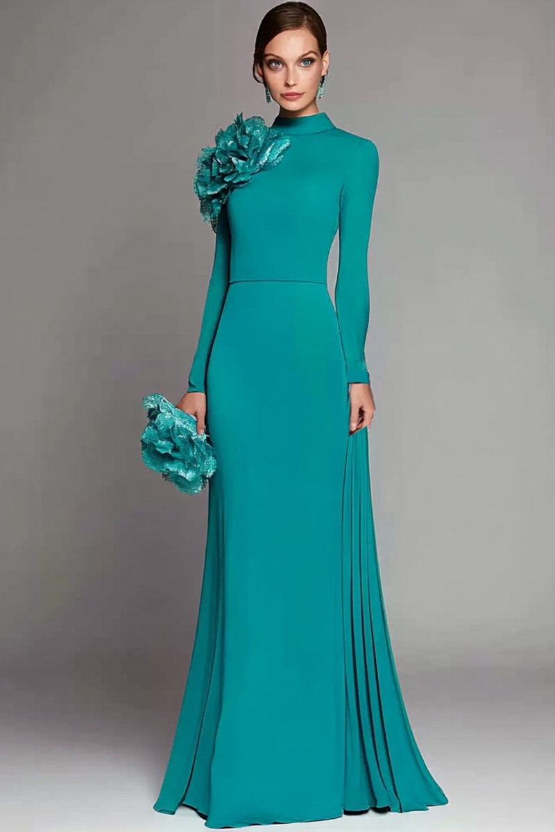 Green Formal Evening 3D Flower Dress Long Sleeve Maxi Dress