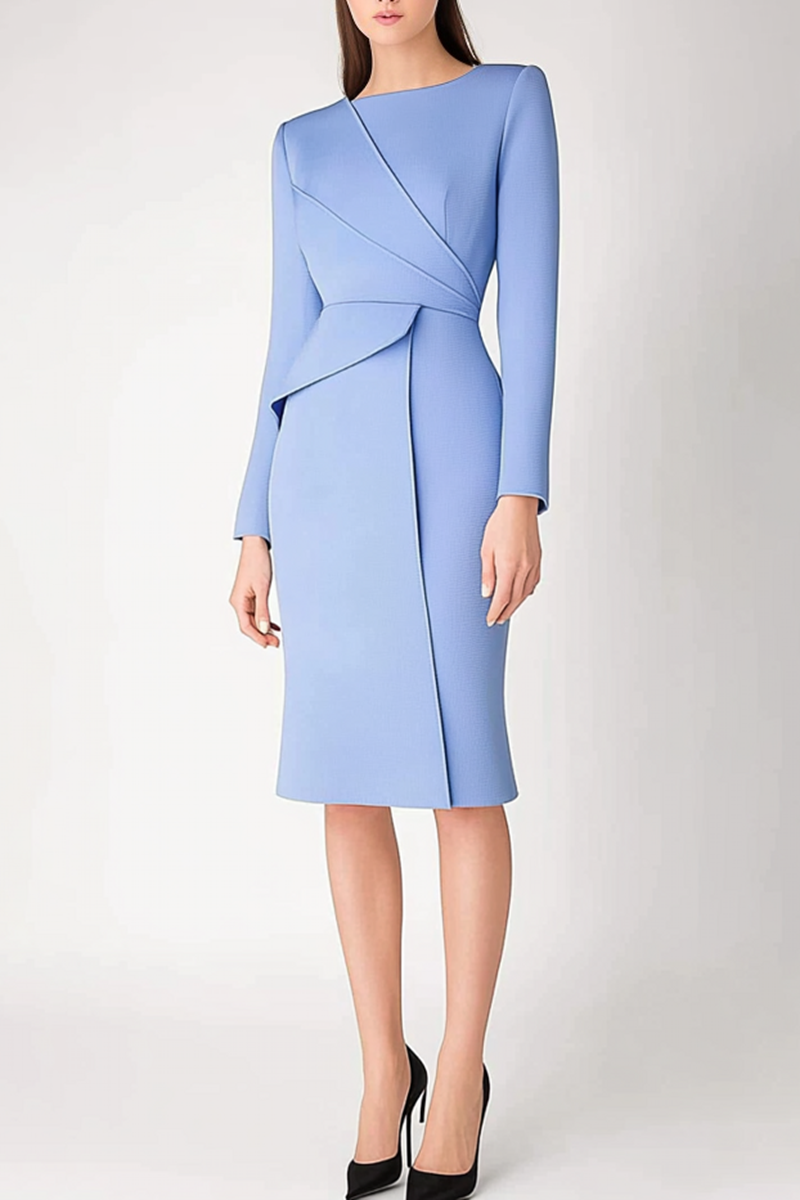 Blue long sleeve work business dress midi length