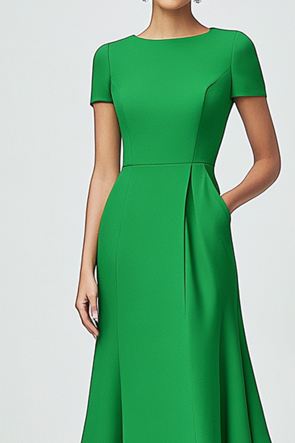 Formal Work Green A-Line Dress Short Sleeves Flared Hem Dress With Pockets