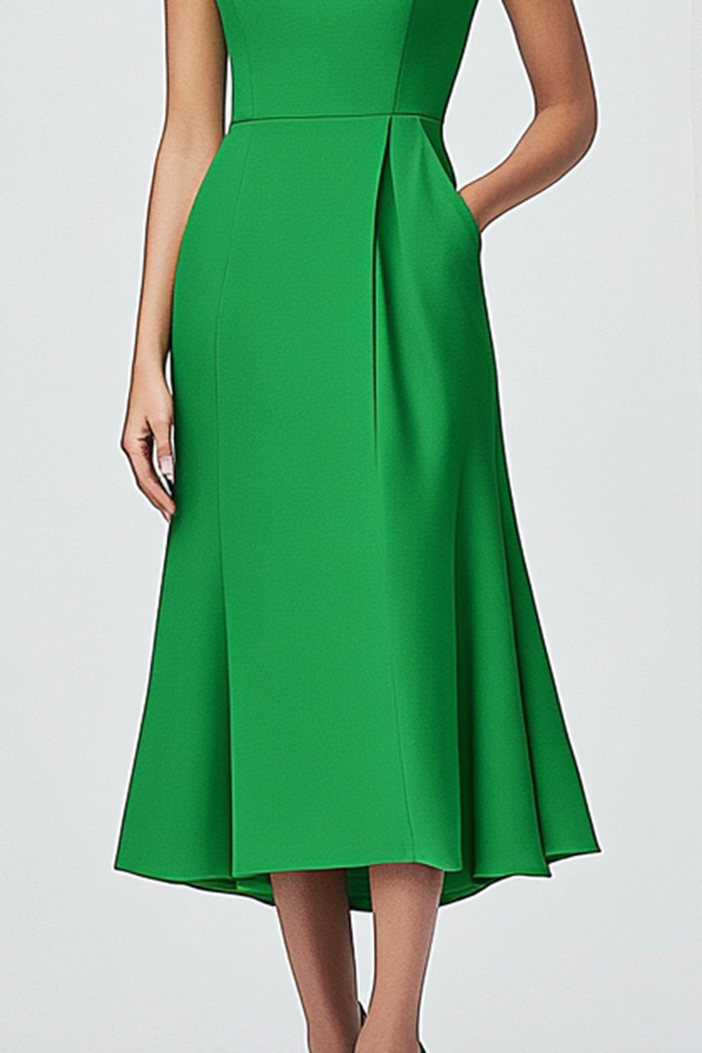Formal Work Green A-Line Dress Short Sleeves Flared Hem Dress With Pockets