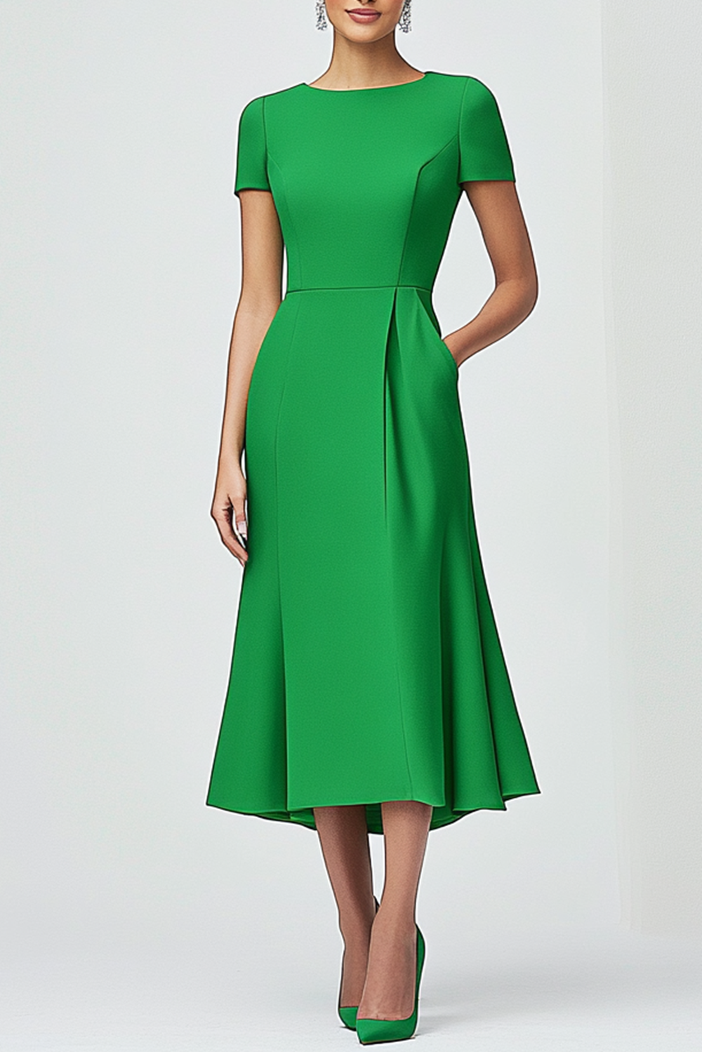 Formal Work Green A-Line Dress Short Sleeves Flared Hem Dress With Poc